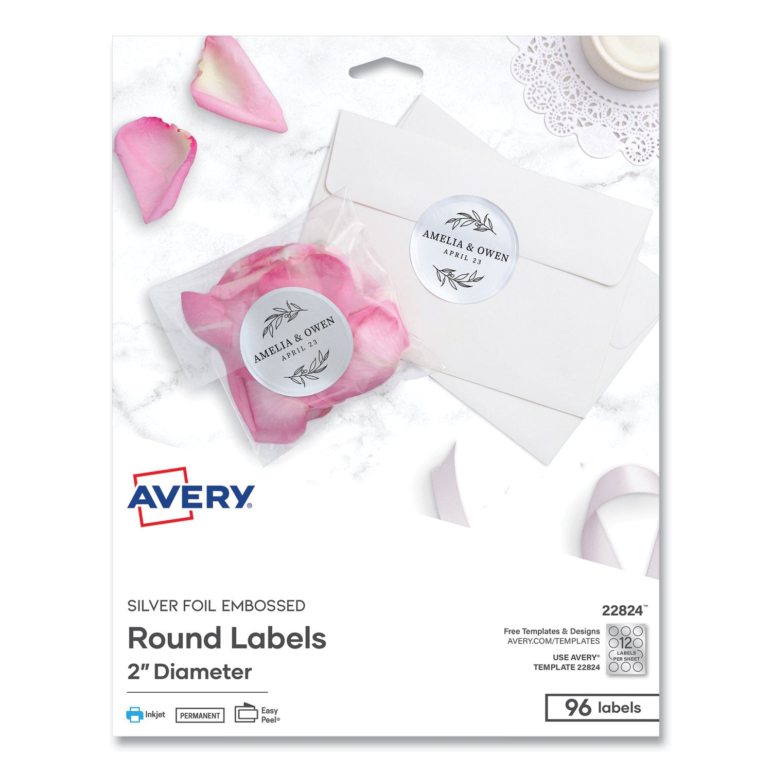 Avery Round Labels, Inkjet Printers, 2" dia, Silver, 12/Sheet, 8 Sheets/Pack (22824)