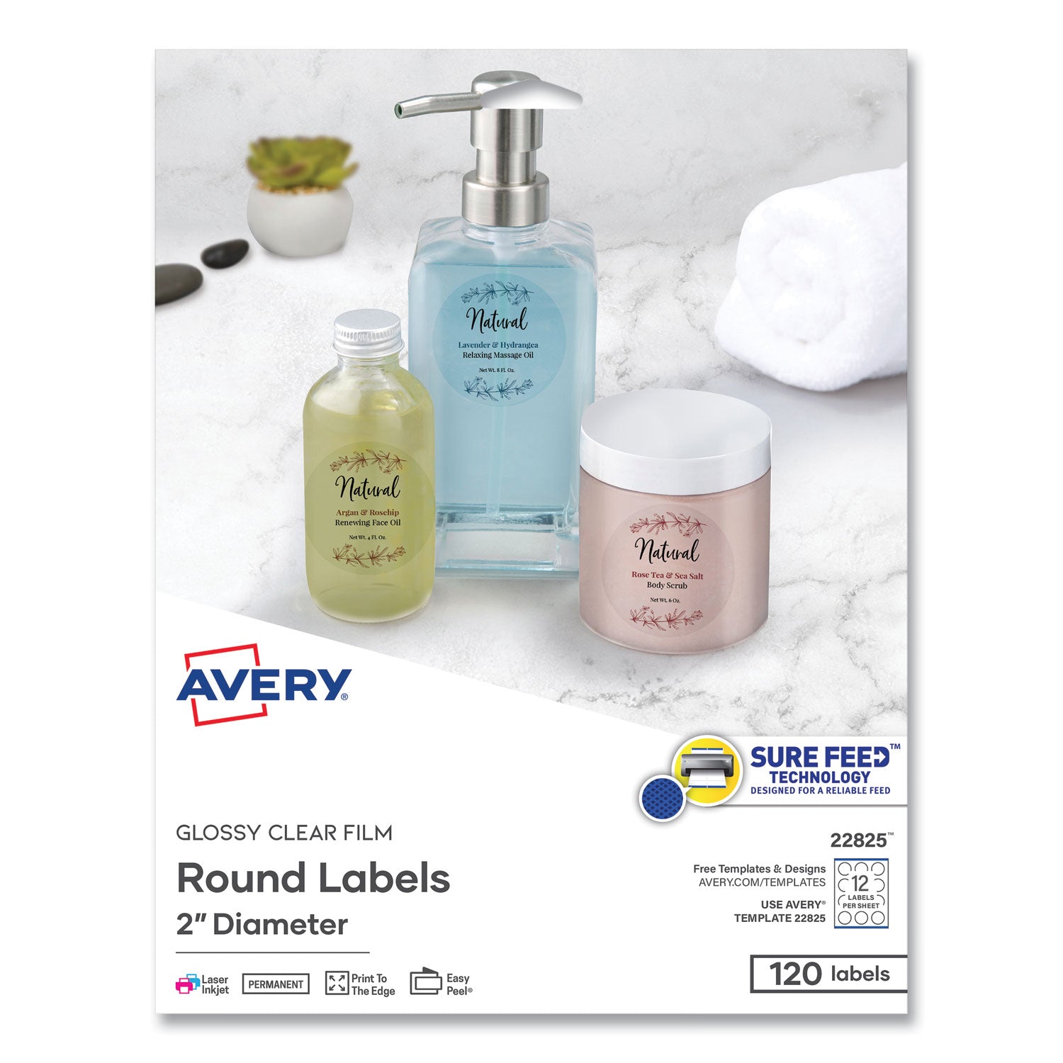 Avery Round Print-to-the Edge Labels with Sure Feed and Easy Peel, 2" dia, Glossy Clear, 120/PK (22825)