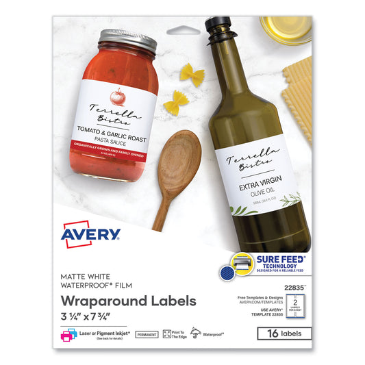 Avery Durable Water-Resistant Wraparound Labels w/ Sure Feed, 3.25 x 7.75, 16/PK (22835)