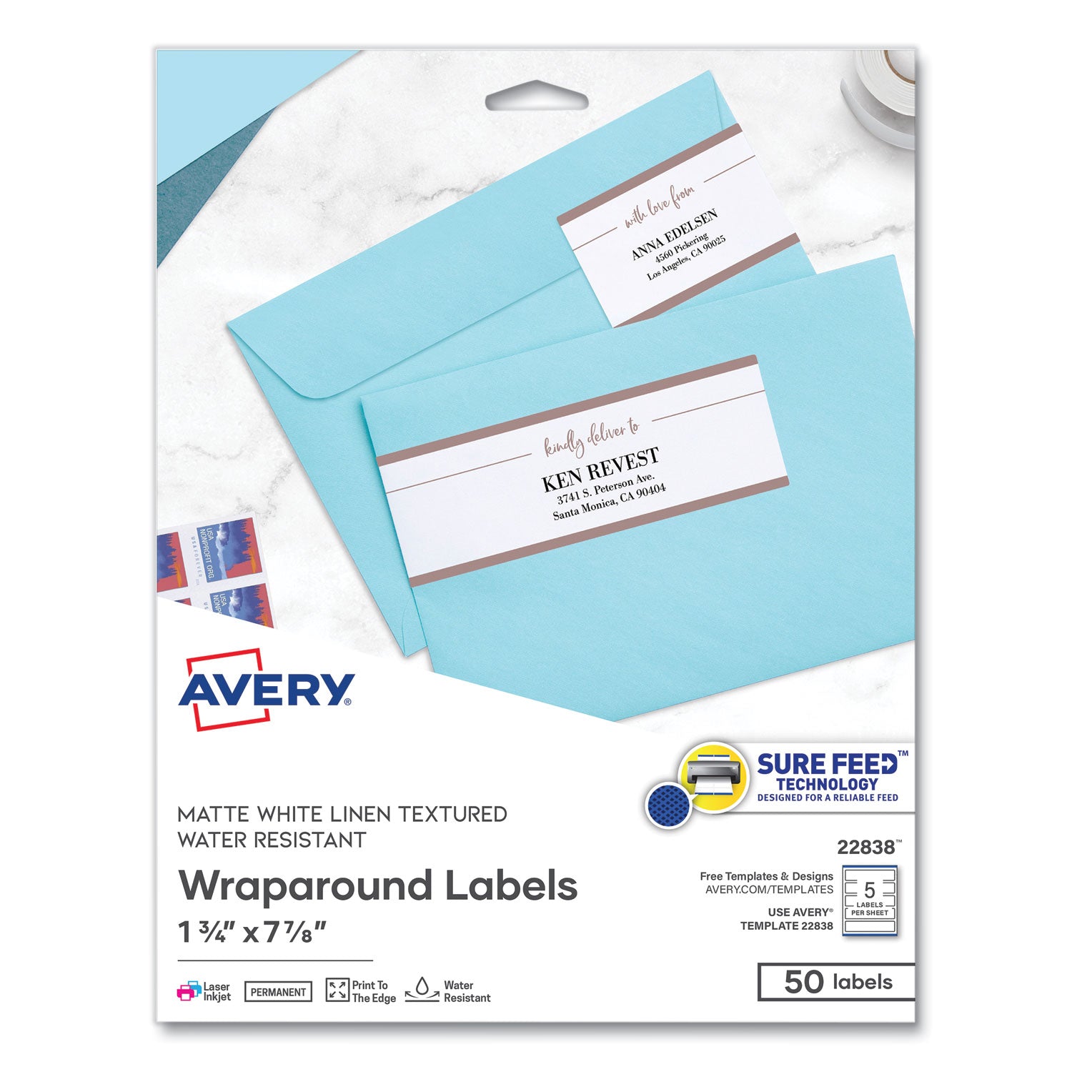 Avery Rectangle Labels, Inkjet/Laser Printers, 7.85 x 1.75, Textured White, 5/Sheet, 10 Sheets/Pack (22838)