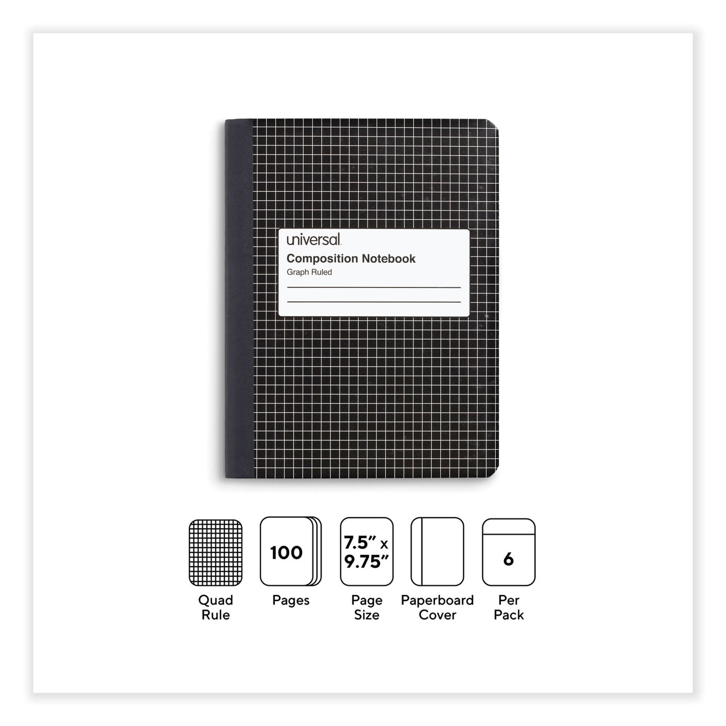 Universal Quad Rule Composition Book, Quadrille Rule (4 sq/in), Black Marble Cover, (100) 9.75 x 7.5 Sheets, 6/Pack (20957)