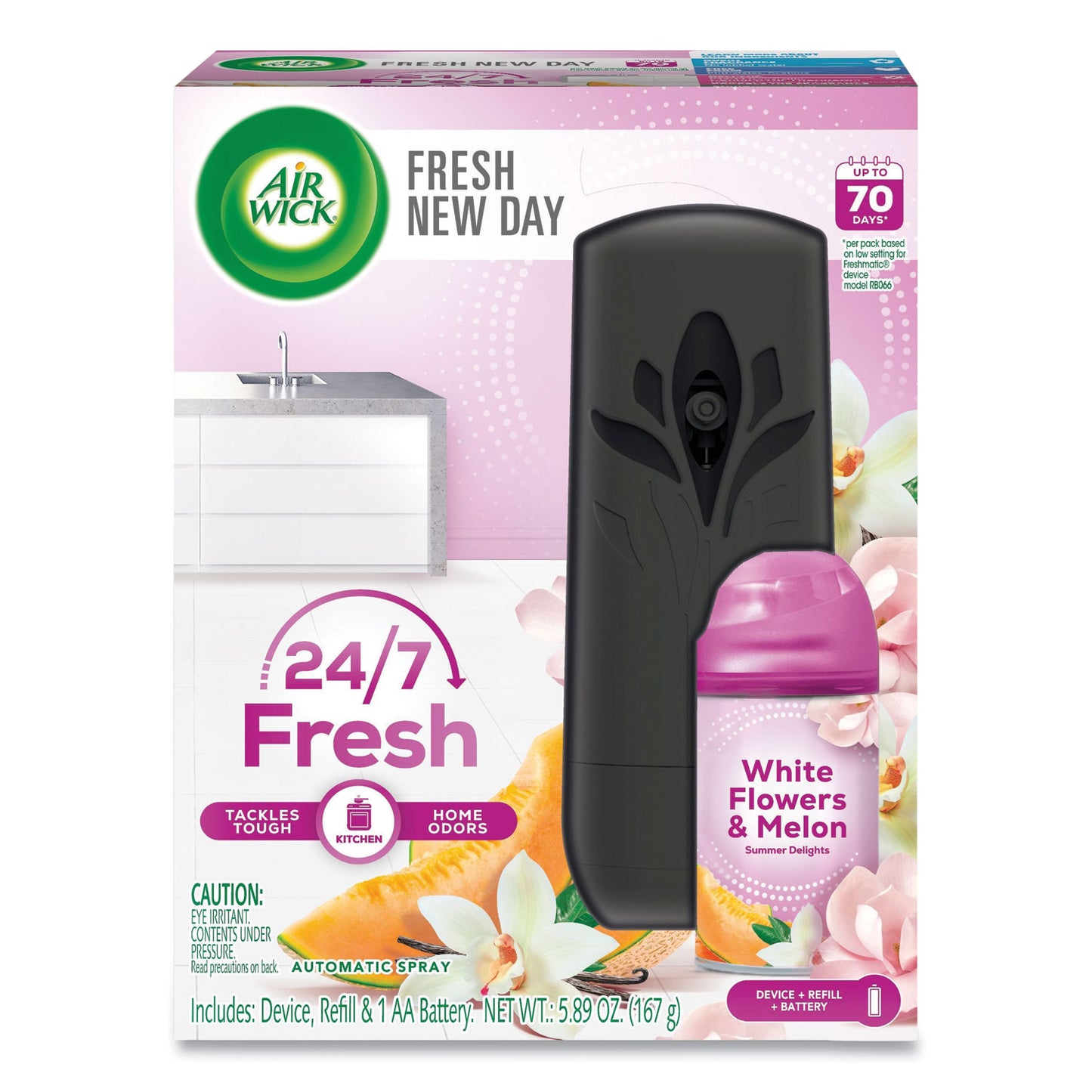 Air Wick Freshmatic Ultra Automatic Starter Kit, Automatic Sprayer/5.89 oz White Flowers and Melon Summer Delights/AA Battery/4/Carton (88410)