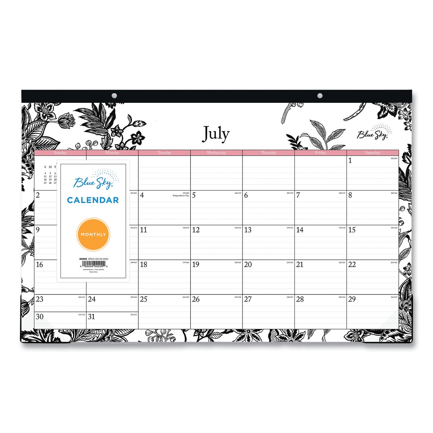 Blue Sky Analeis Academic Year Desk Pad Calendar, Floral Artwork, 17 x 11, White/Black/Coral Sheets, 12-Month (July-June): 2024-2025 (130617)