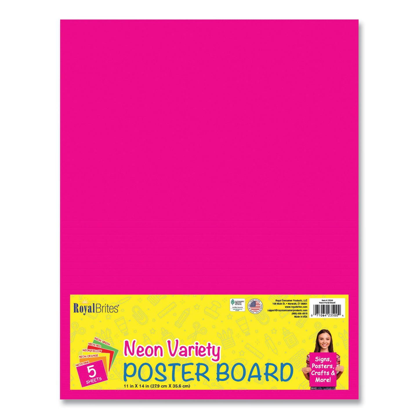 Royal Brites Premium Coated Poster Board, 11 x 14, Assorted Neon Colors, 5/Pack (23500S)