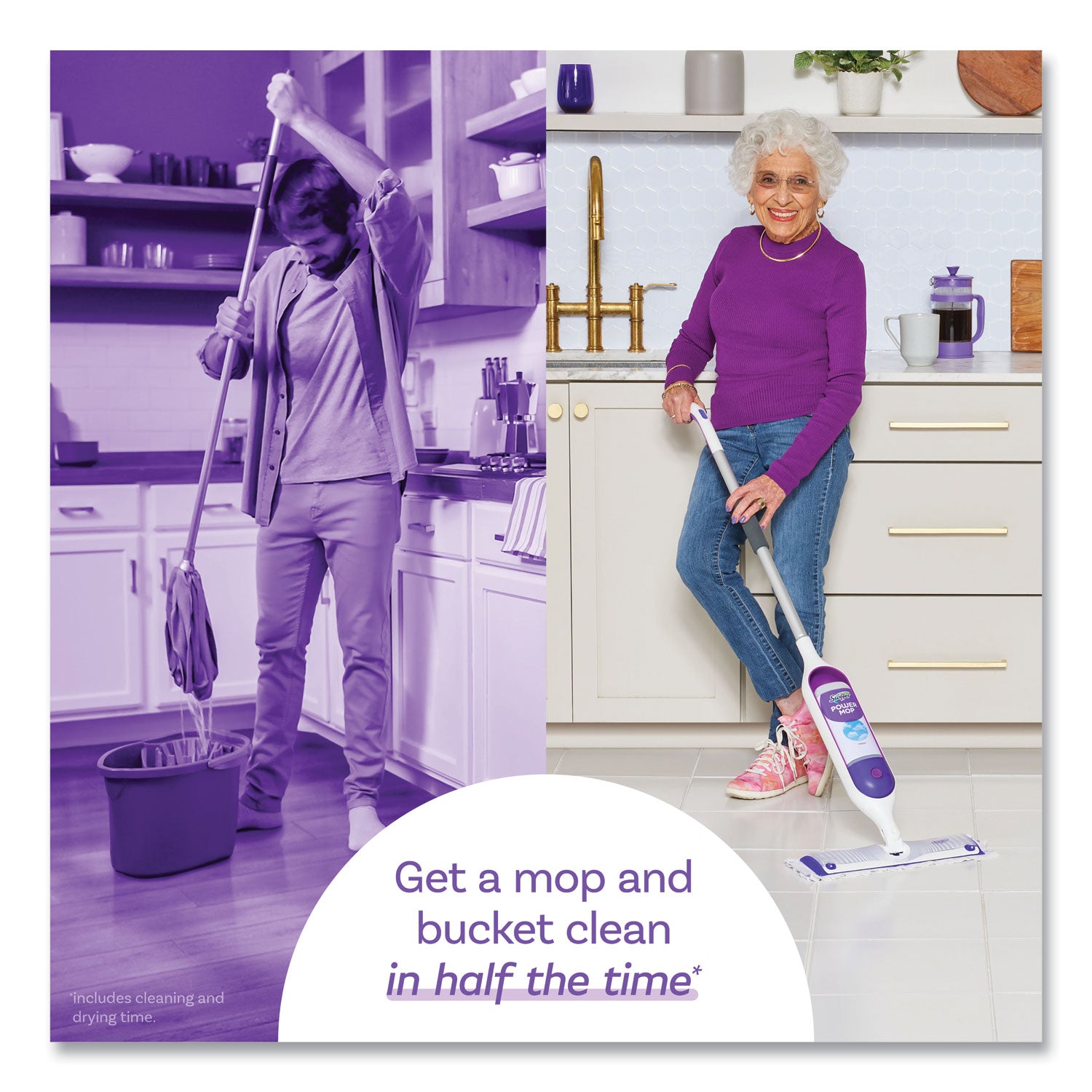 Swiffer PowerMop Starter Kit, 15.4 x 5.3 White/Purple Cloth Head, 26" Silver Aluminum Handle (07242)