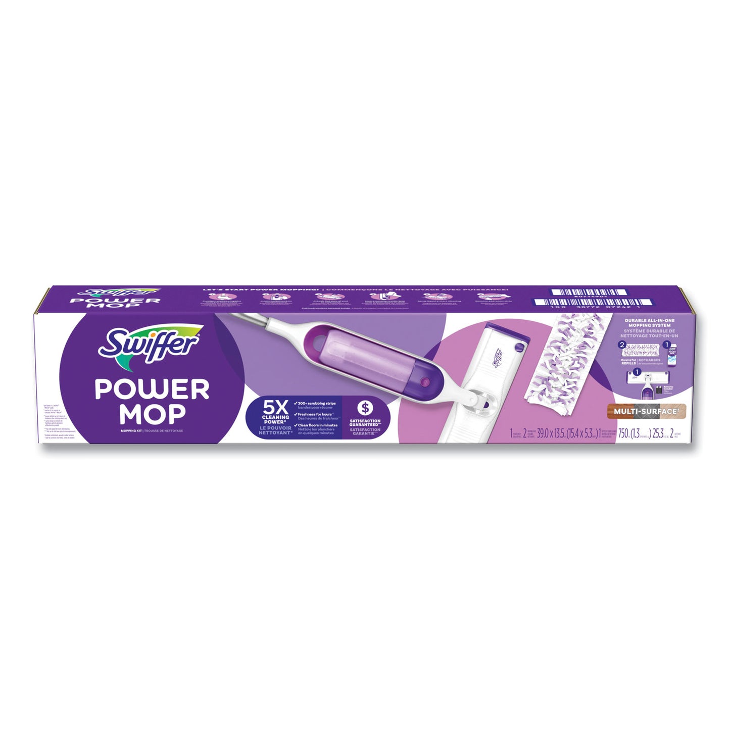 Swiffer PowerMop Starter Kit, 15.4 x 5.3 White/Purple Cloth Head, 26" Silver Aluminum Handle (07242)