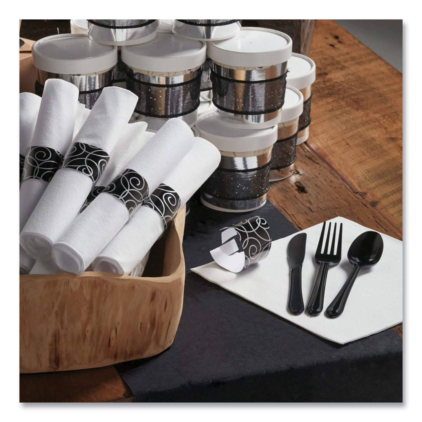 Hoffmaster CaterWrap Heavyweight Cutlery Combo, Fork/Spoon/Knife/Napkin, Black, 100/Carton (119971)