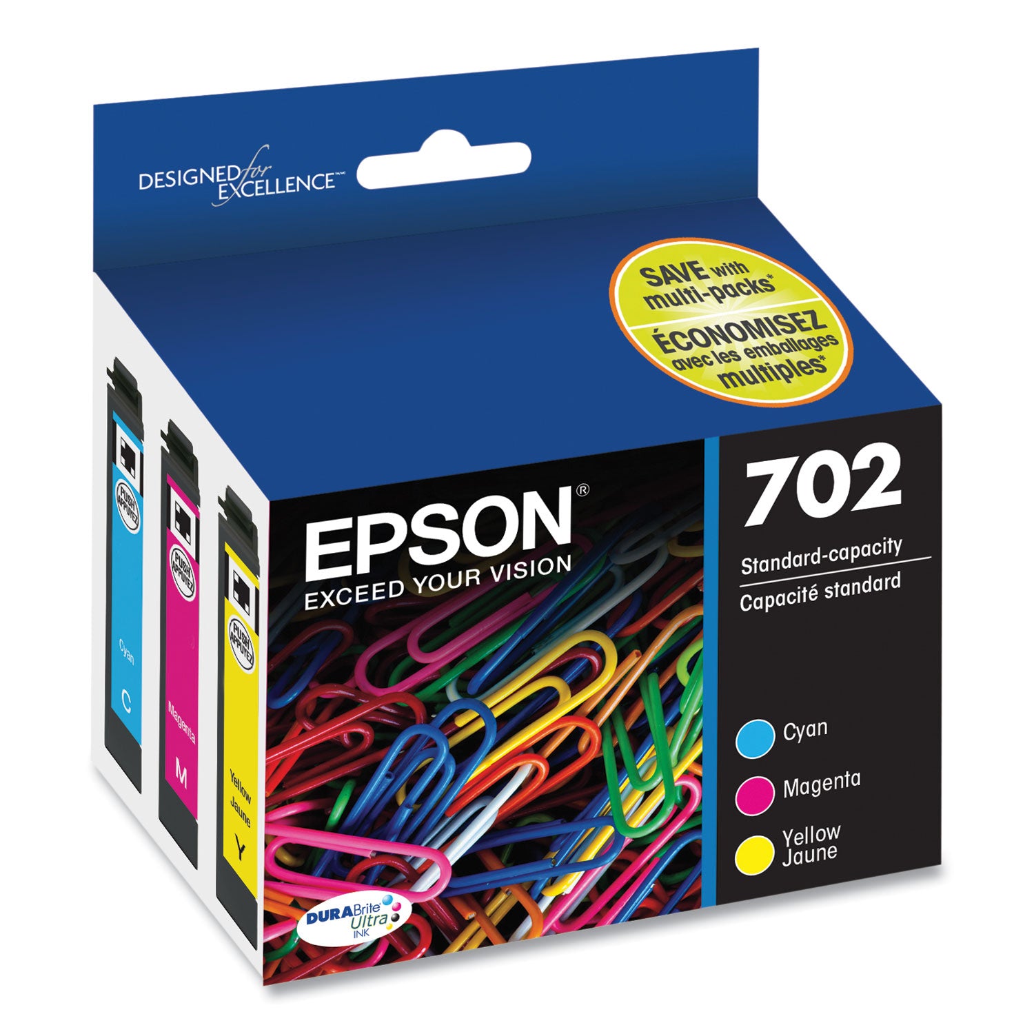 Epson T702520S (702) DURABrite Ultra Ink, Cyan/Magenta/Yellow, 3/Pack