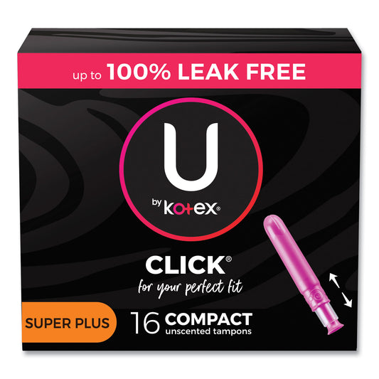 U by Kotex Click Compact Tampons, Super Plus Absorbency, 16/Pack, 8 Packs/Carton (51582)