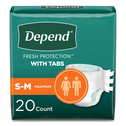 Depend Incontinence Protection with Tabs, Small/Medium, 19" to 34" Waist, 20/Pack, 3 Packs/Carton (35456)