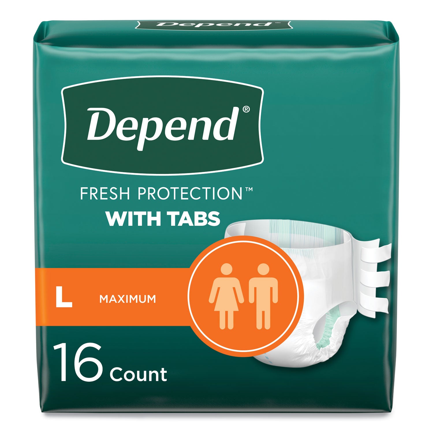 Depend Incontinence Protection with Tabs, 35" to 49" Waist, 16/Pack, 3 Packs/Carton (35458)