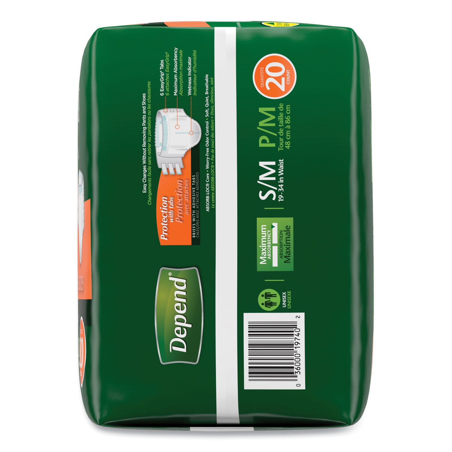 Depend Incontinence Protection with Tabs, Small/Medium, 19" to 34" Waist, 20/Pack, 3 Packs/Carton (35456)