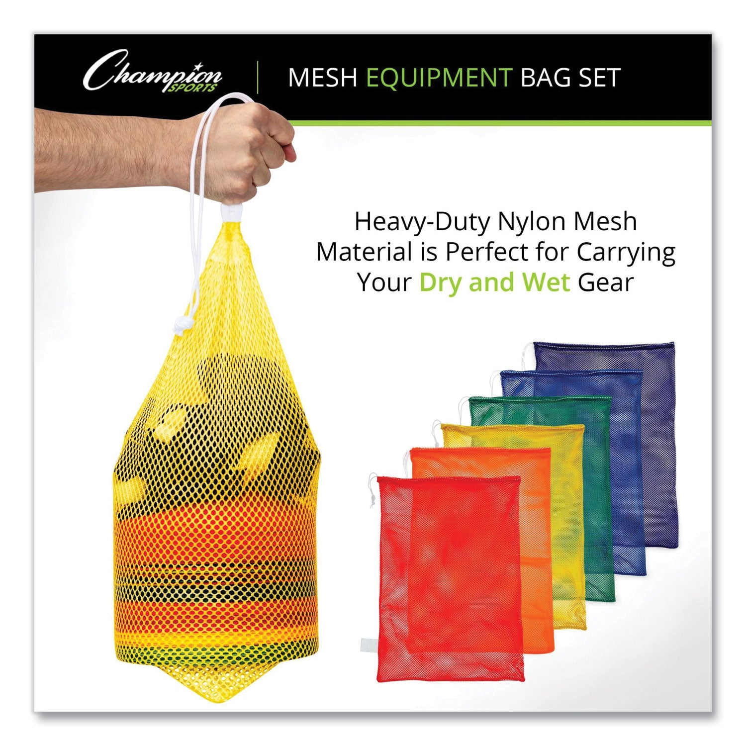 Champion Sports Heavy-Duty Mesh Bag, 12" x 18", Gold, Green, Orange, Purple, Royal Blue, Scarlet Red, 6/Set (MB18SET)