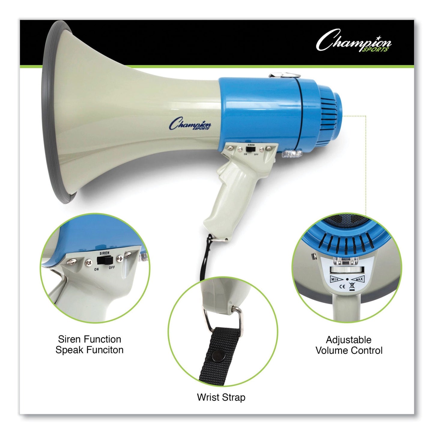 Champion Sports Megaphone, 12 W to 25 W, 1,000 yds Range, White/Blue (MP12W)