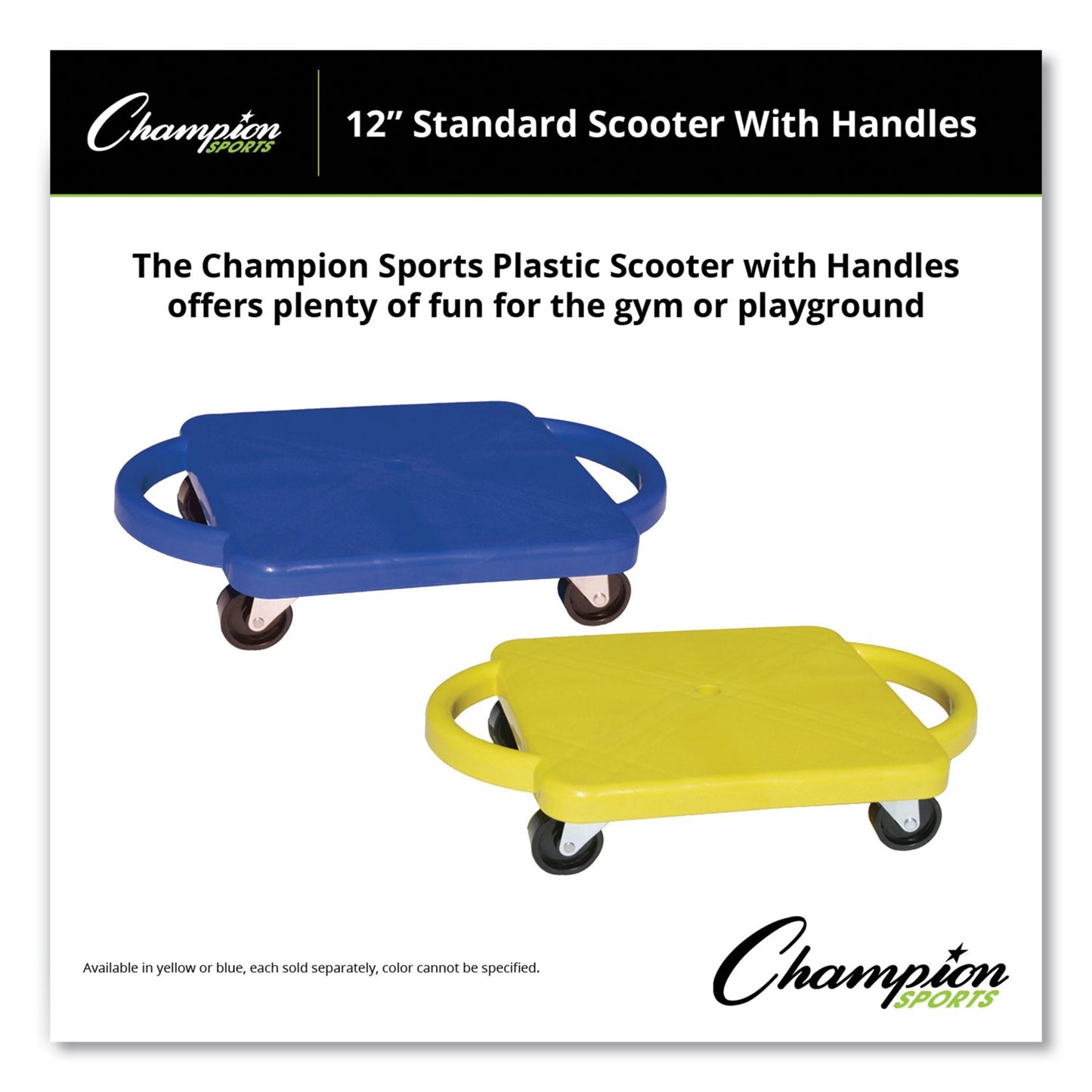 Champion Sports Scooter with Handles, Blue/Yellow, 4 Rubber Swivel Casters, Plastic, 12 x 12 (PGH12)