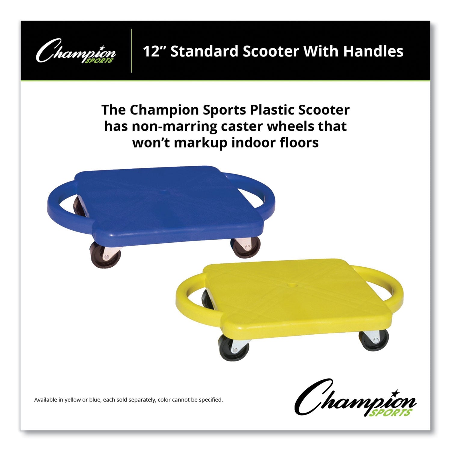 Champion Sports Scooter with Handles, Blue/Yellow, 4 Rubber Swivel Casters, Plastic, 12 x 12 (PGH12)