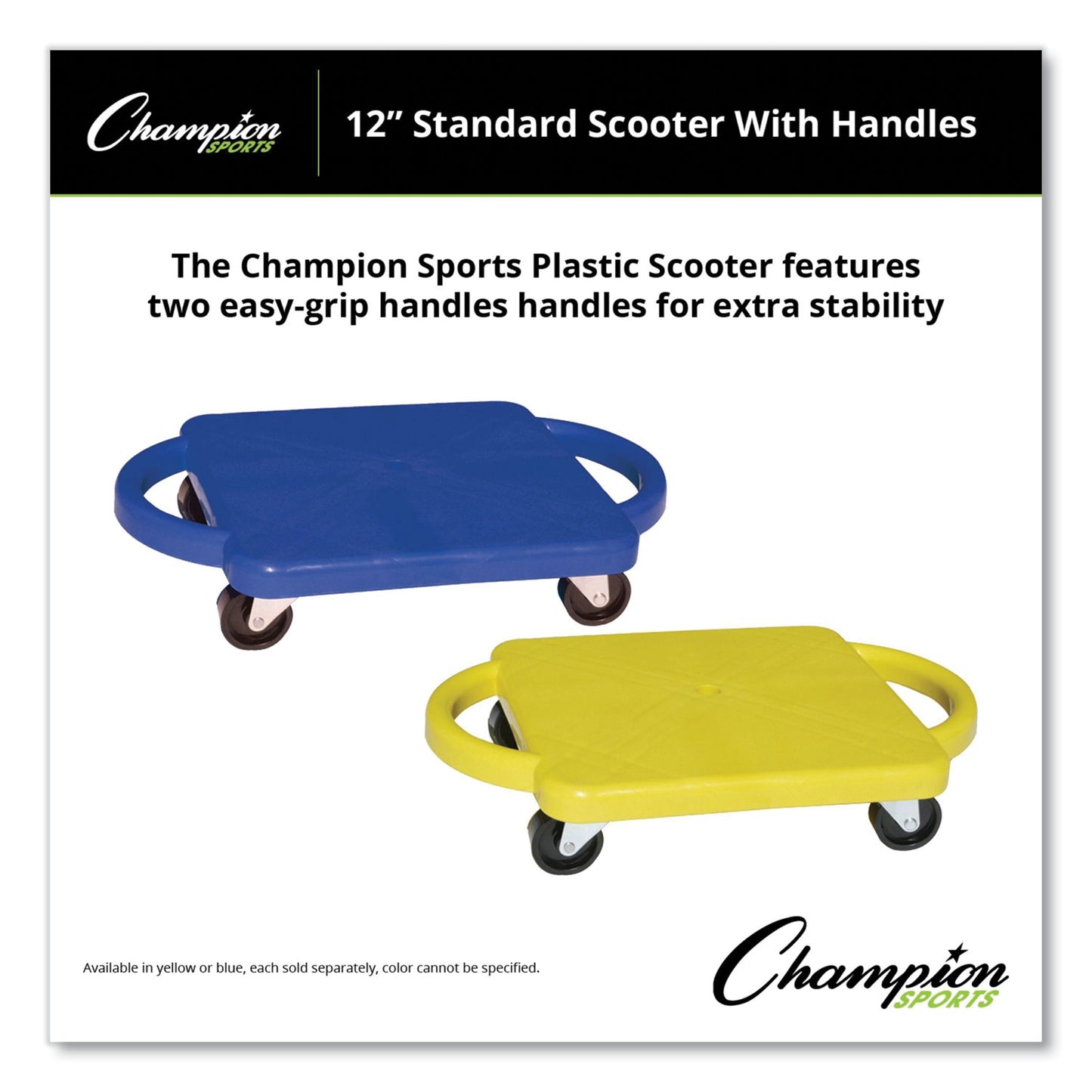 Champion Sports Scooter with Handles, Blue/Yellow, 4 Rubber Swivel Casters, Plastic, 12 x 12 (PGH12)