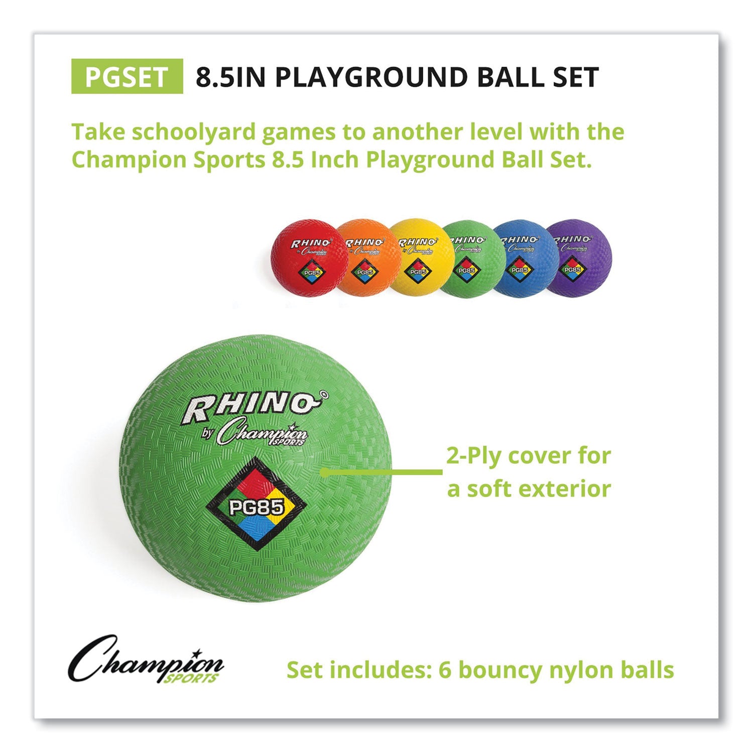 Champion Sports Playground Ball Set, 8.5" Diameter, Assorted Colors, 6/Set (PGSET)