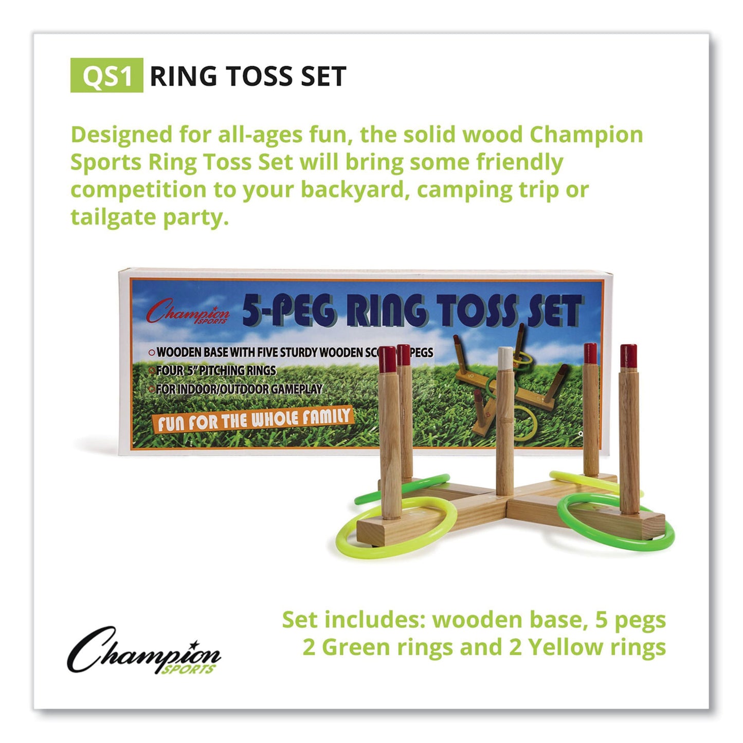 Champion Sports Ring Toss Set, Plastic/Wood, Assorted Colors, 5 Pegs, 4 Rings (QS1)