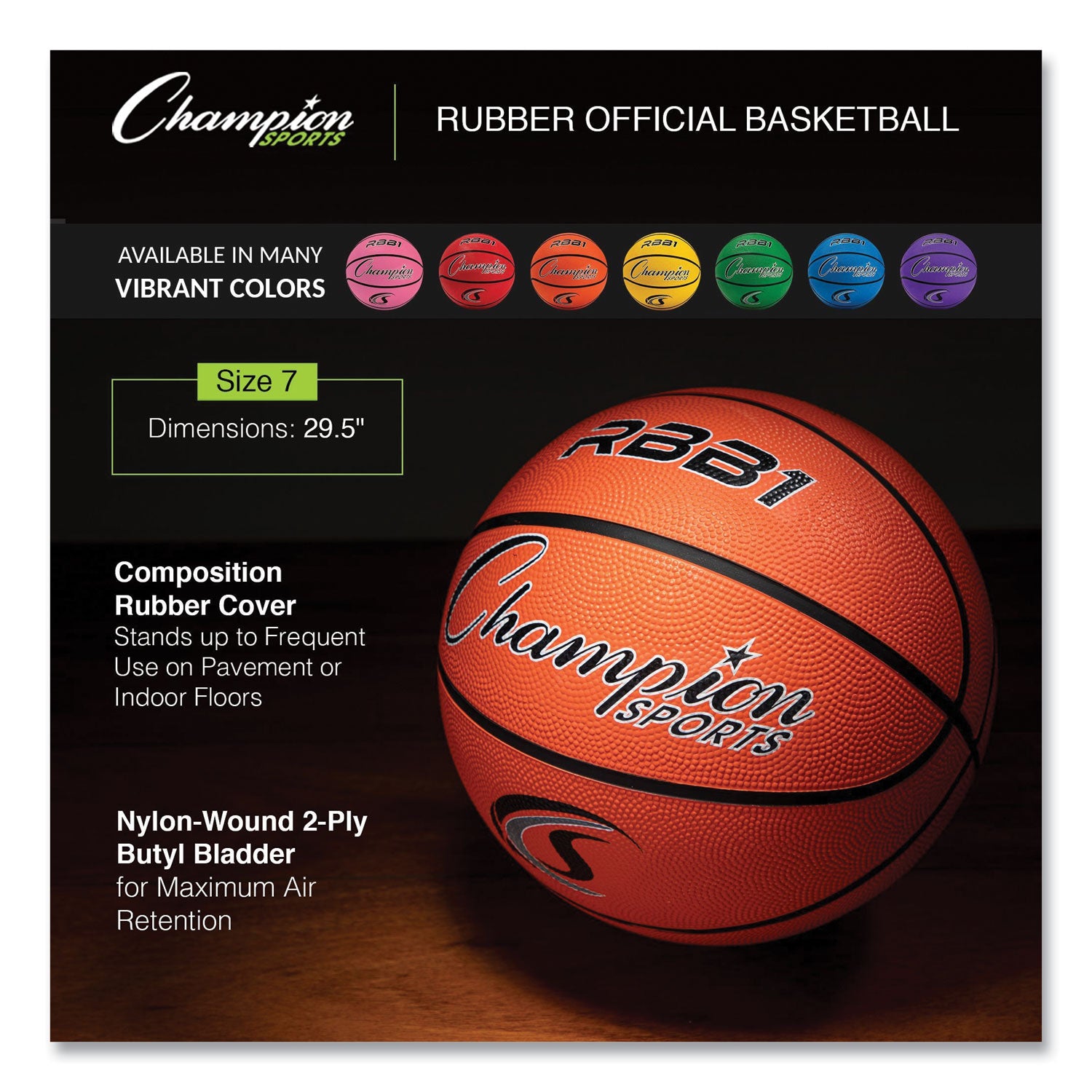 Champion Sports Rubber Sports Ball, For Basketball, No. 7 Size, Official Size, Orange (RBB1)