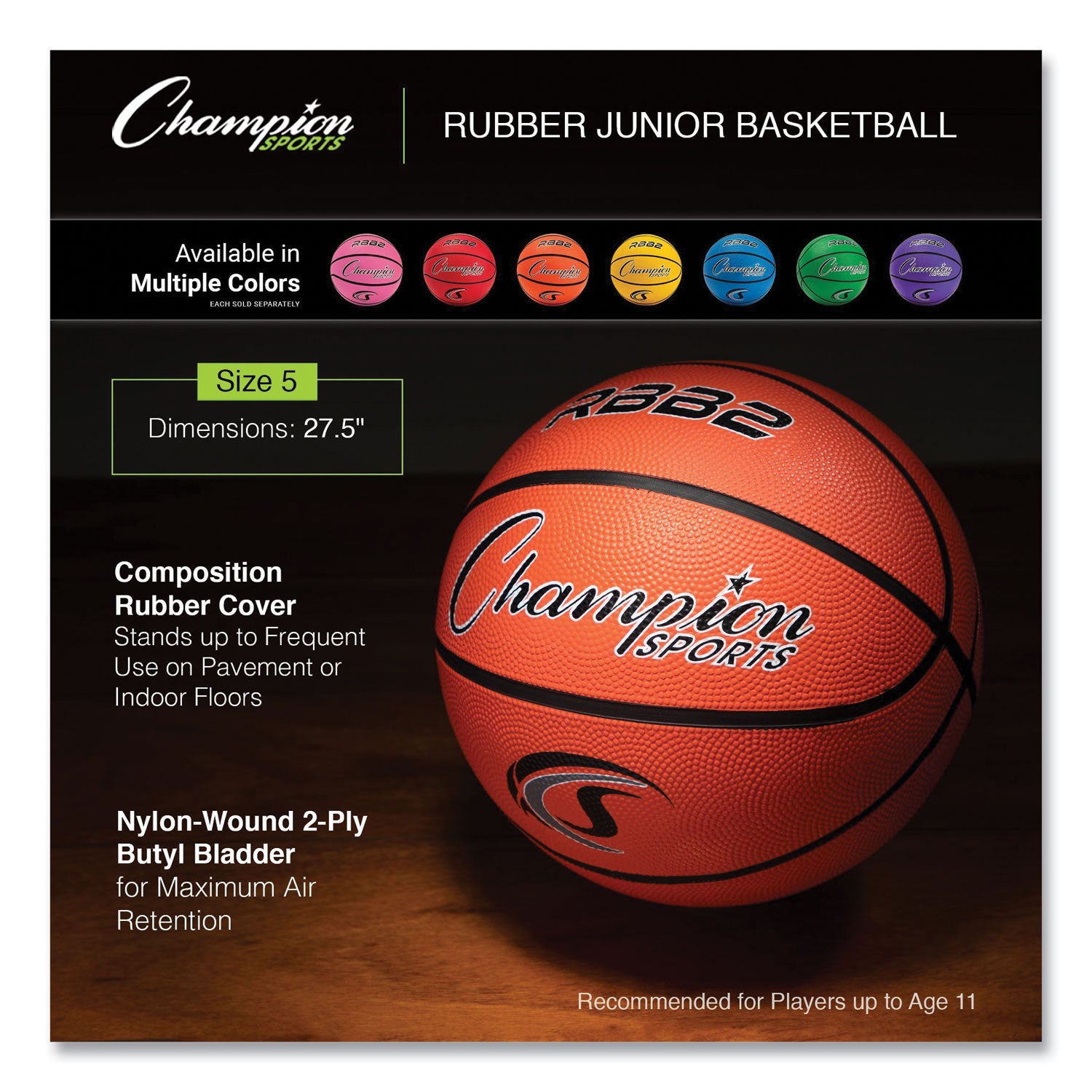 Champion Sports Rubber Sports Ball, For Basketball, No. 5 Size, Junior Size, Orange (RBB2)