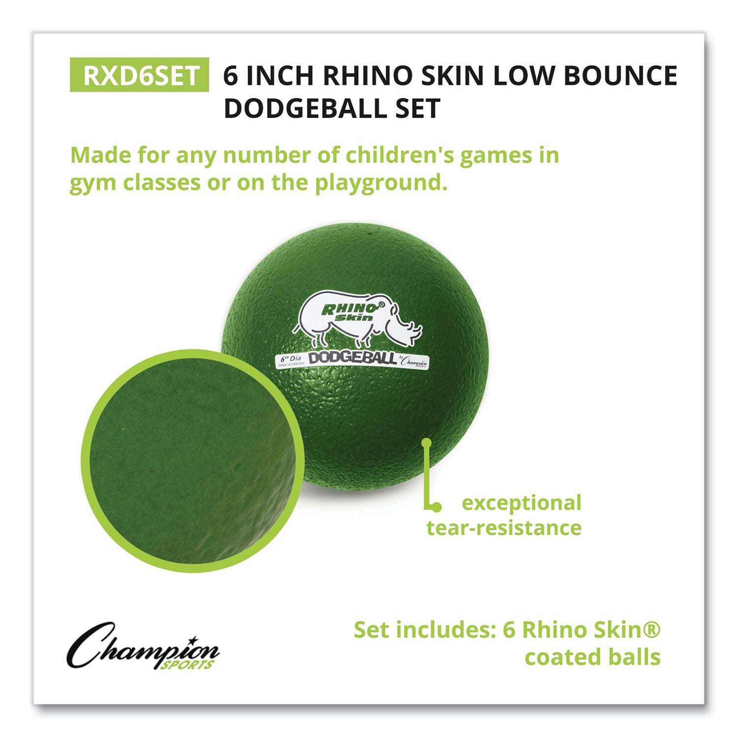 Champion Sports Rhino Skin Dodge Ball Set, 6" Diameter, Assorted Colors, 6/Set (RXD6SET)