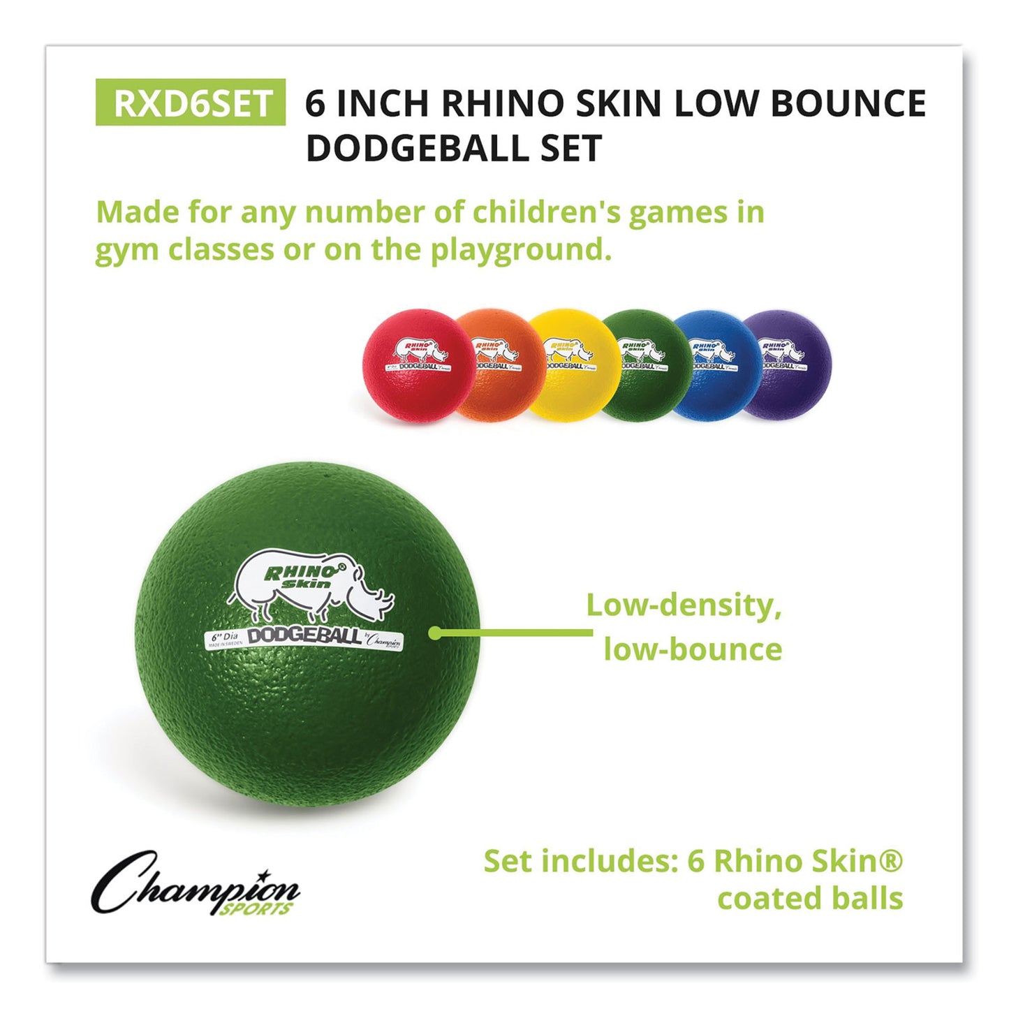 Champion Sports Rhino Skin Dodge Ball Set, 6" Diameter, Assorted Colors, 6/Set (RXD6SET)