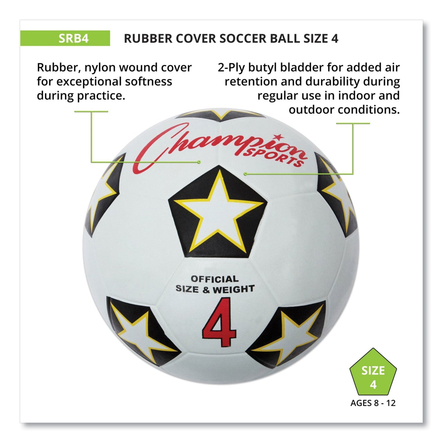 Champion Sports Rubber Sports Ball, For Soccer, No. 4 Size, White/Black (SRB4)