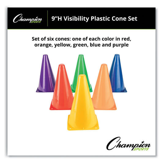 Champion Sports High-Visibility Plastic Cones, 9" Tall, Assorted Colors, 5" x 5" Base, 6/Set (TC9SET)