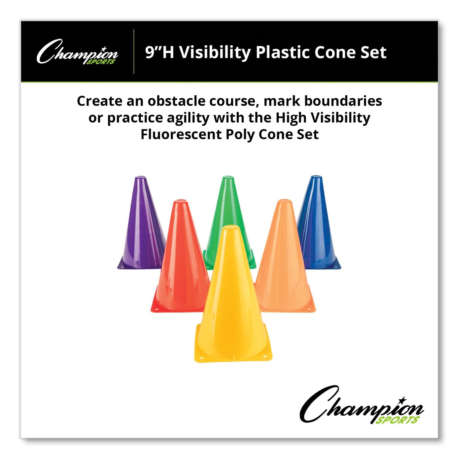 Champion Sports High-Visibility Plastic Cones, 9" Tall, Assorted Colors, 5" x 5" Base, 6/Set (TC9SET)