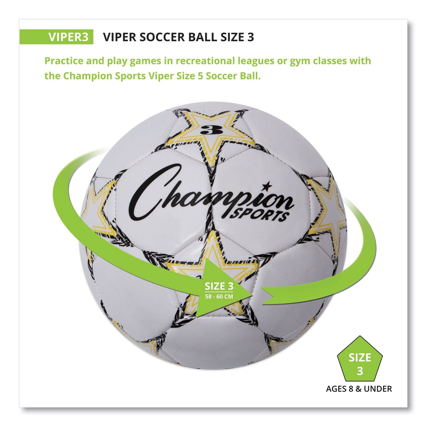 Champion Sports VIPER Soccer Ball, No. 3 Size, 7.25" to 7.5" Diameter, White (VIPER3)