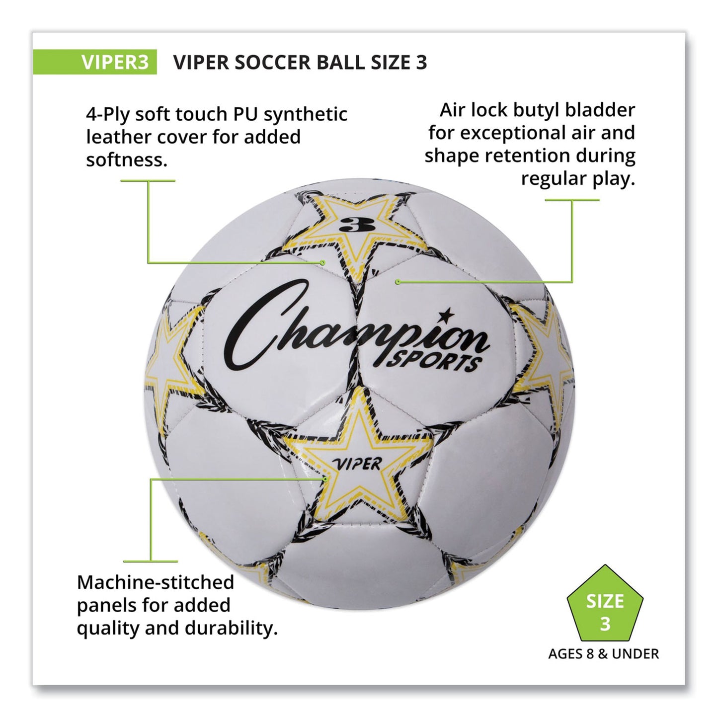 Champion Sports VIPER Soccer Ball, No. 3 Size, 7.25" to 7.5" Diameter, White (VIPER3)
