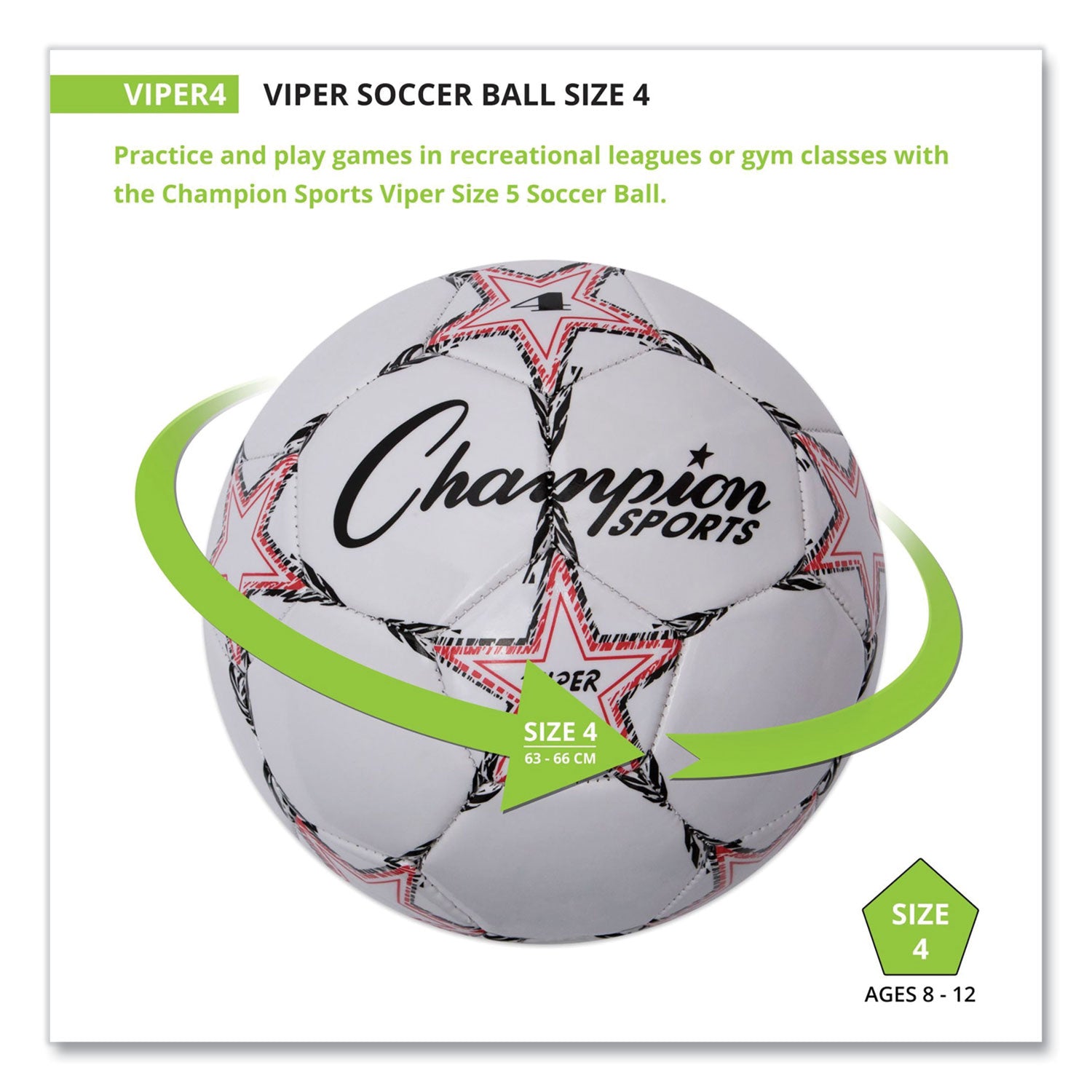 Champion Sports VIPER Soccer Ball, No. 4 Size, 8" to 8.25" Diameter, White (VIPER4)