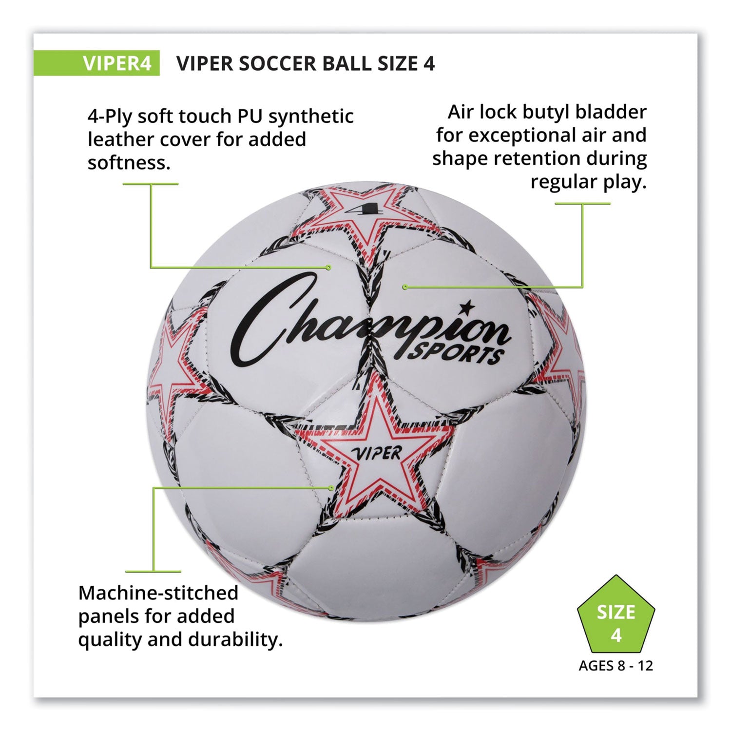 Champion Sports VIPER Soccer Ball, No. 4 Size, 8" to 8.25" Diameter, White (VIPER4)