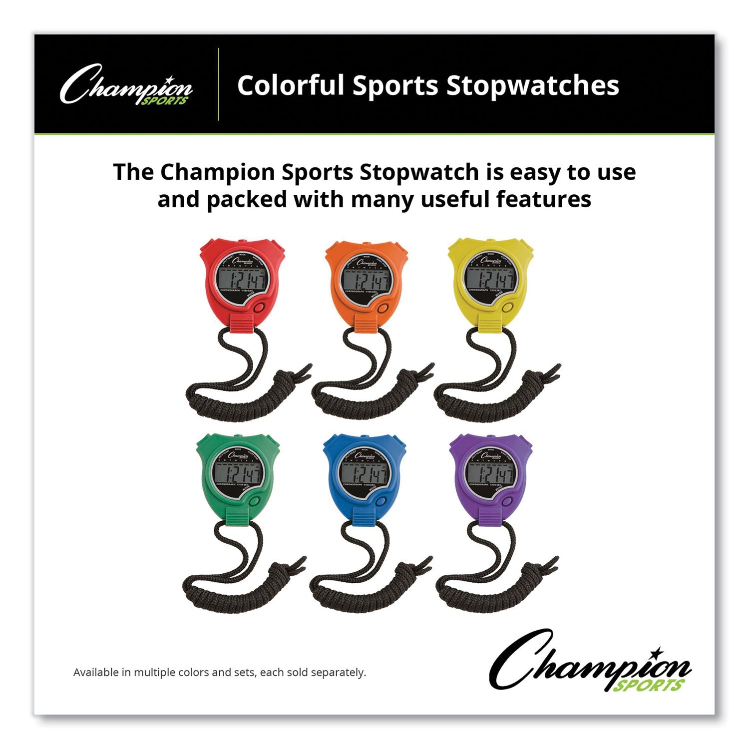 Champion Sports Water-Resistant Stopwatches, Accurate to 1/100 Second, Assorted Colors, 6/Box (910SET)