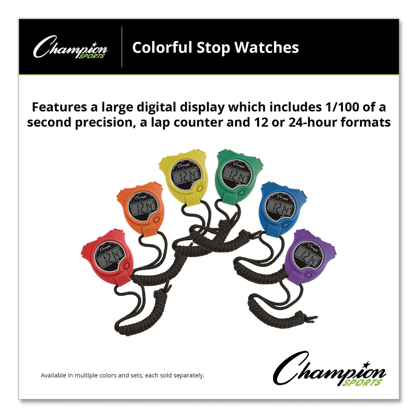 Champion Sports Water-Resistant Stopwatches, Accurate to 1/100 Second, Assorted Colors, 6/Box (910SET)