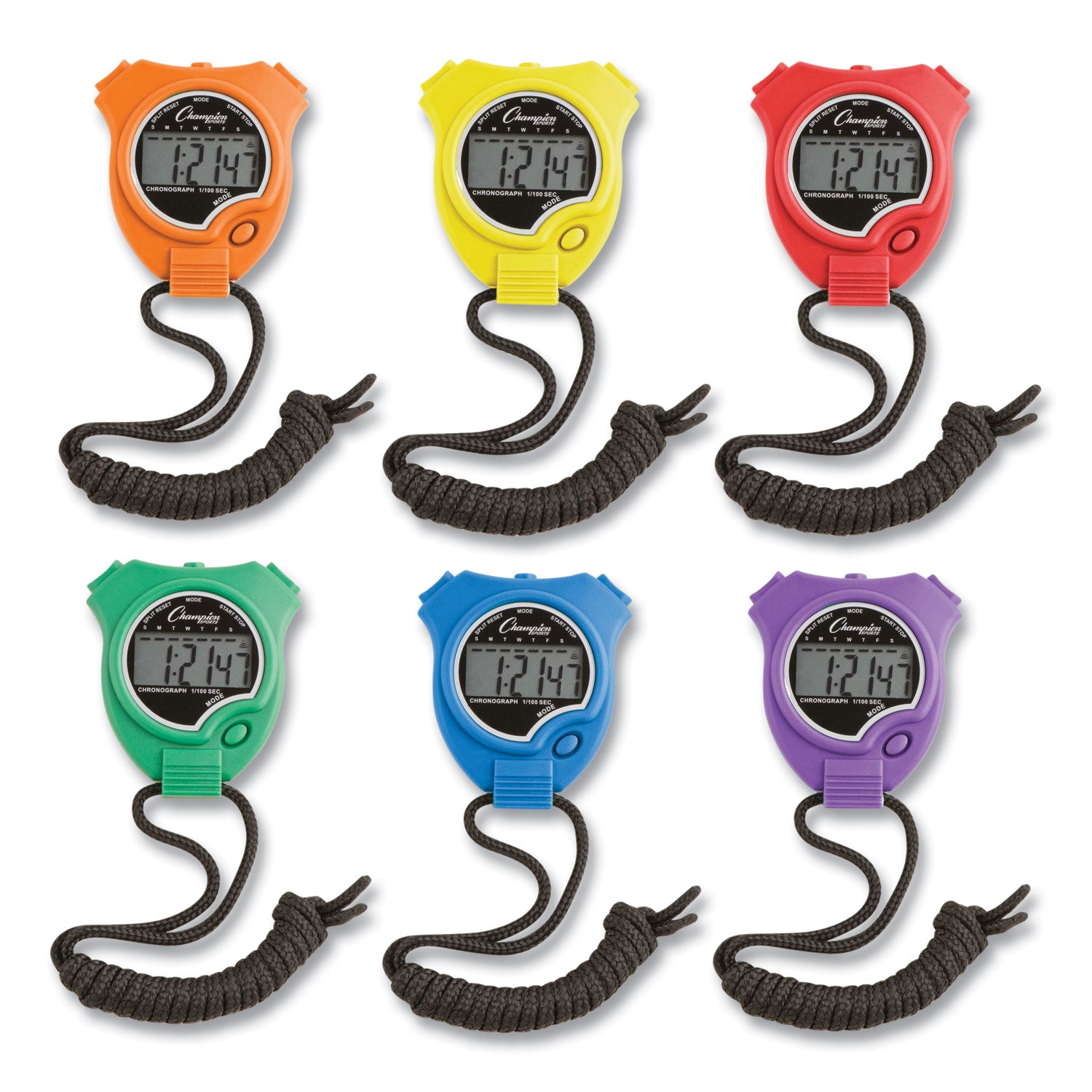 Champion Sports Water-Resistant Stopwatches, Accurate to 1/100 Second, Assorted Colors, 6/Box (910SET)