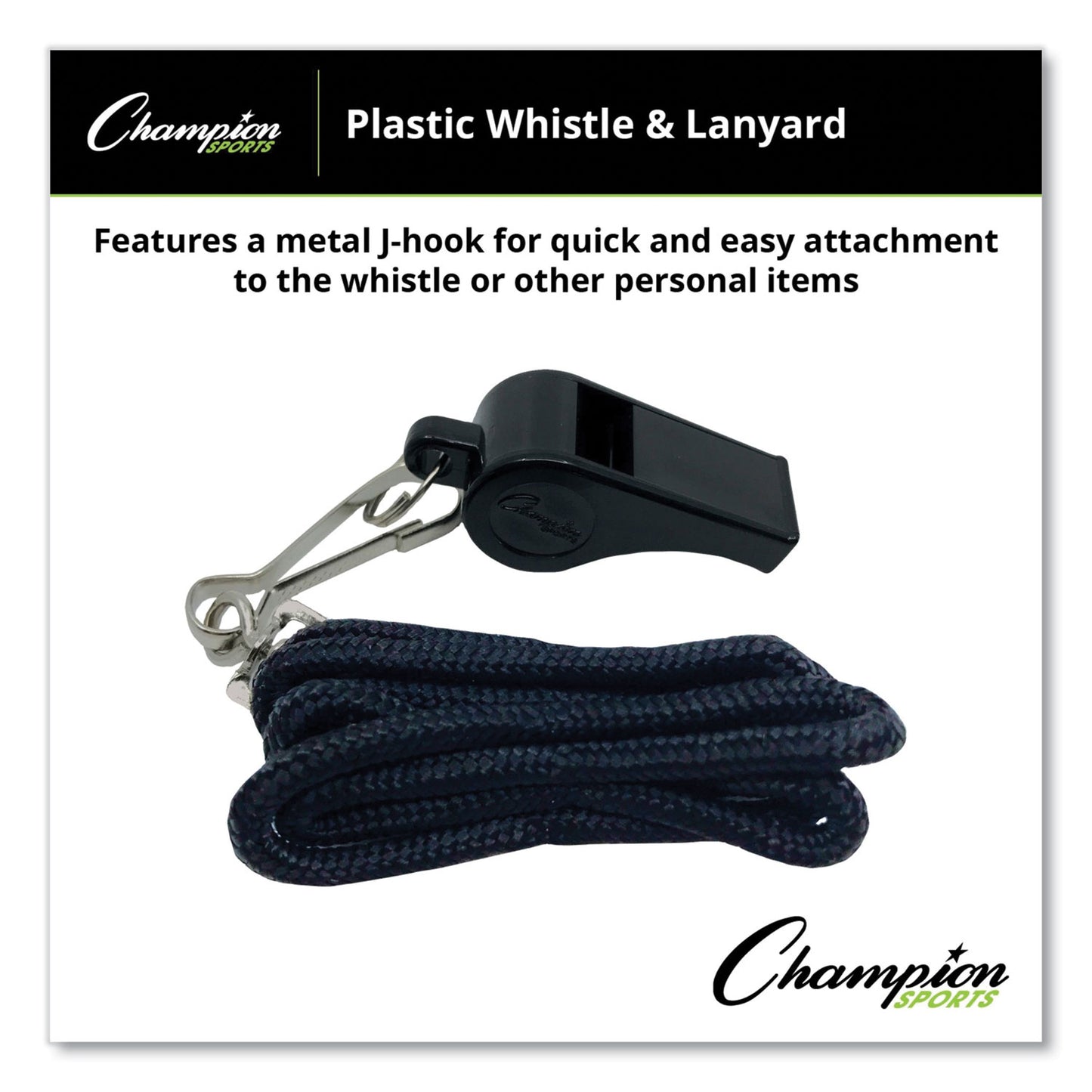 Champion Sports Sports Whistle with Black Nylon Lanyard, Plastic, Black, Dozen (BP601)