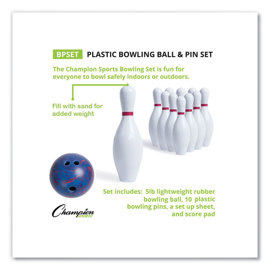 Champion Sports Bowling Set, Plastic/Rubber, White, 10 Bowling Pins, 1 Bowling Ball (BPSET)