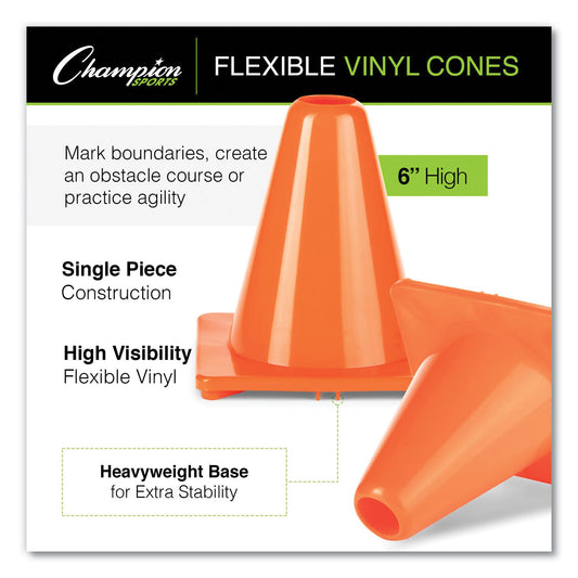 Champion Sports Hi-Visibility Vinyl Cones, 6" Tall, Fluorescent Orange, 9.5" x 9.5" Base (C6OR)