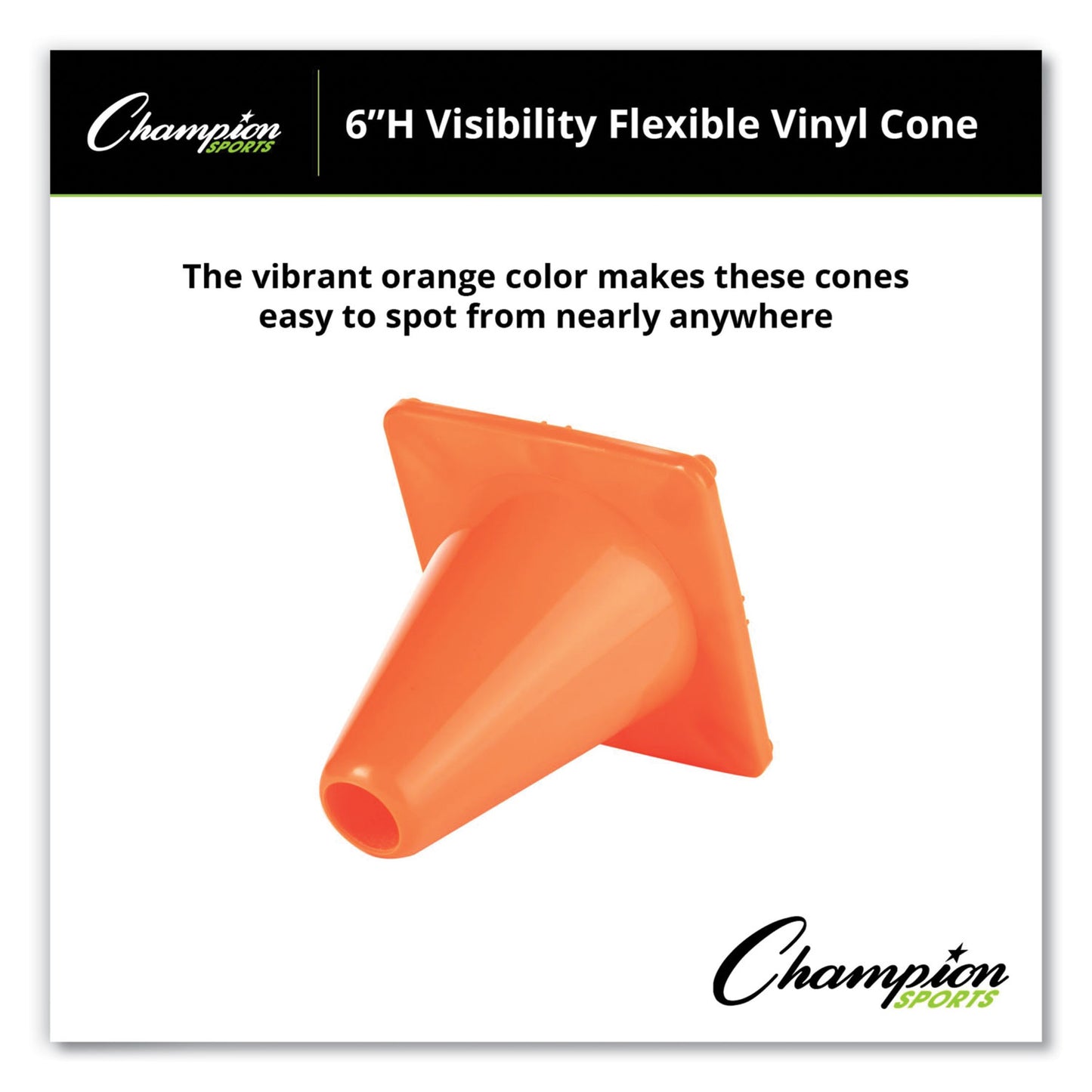 Champion Sports Hi-Visibility Vinyl Cones, 6" Tall, Fluorescent Orange, 9.5" x 9.5" Base (C6OR)