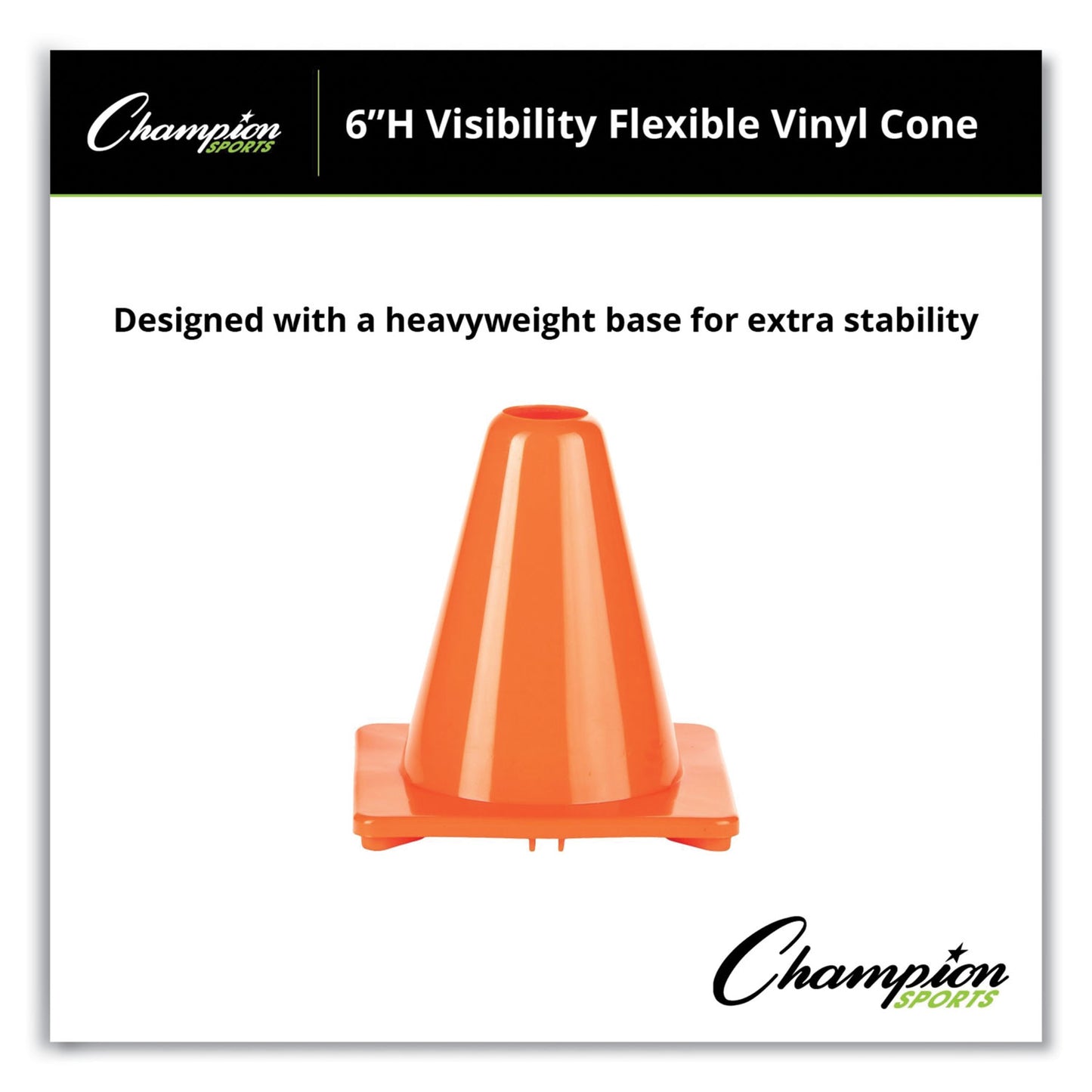 Champion Sports Hi-Visibility Vinyl Cones, 6" Tall, Fluorescent Orange, 9.5" x 9.5" Base (C6OR)