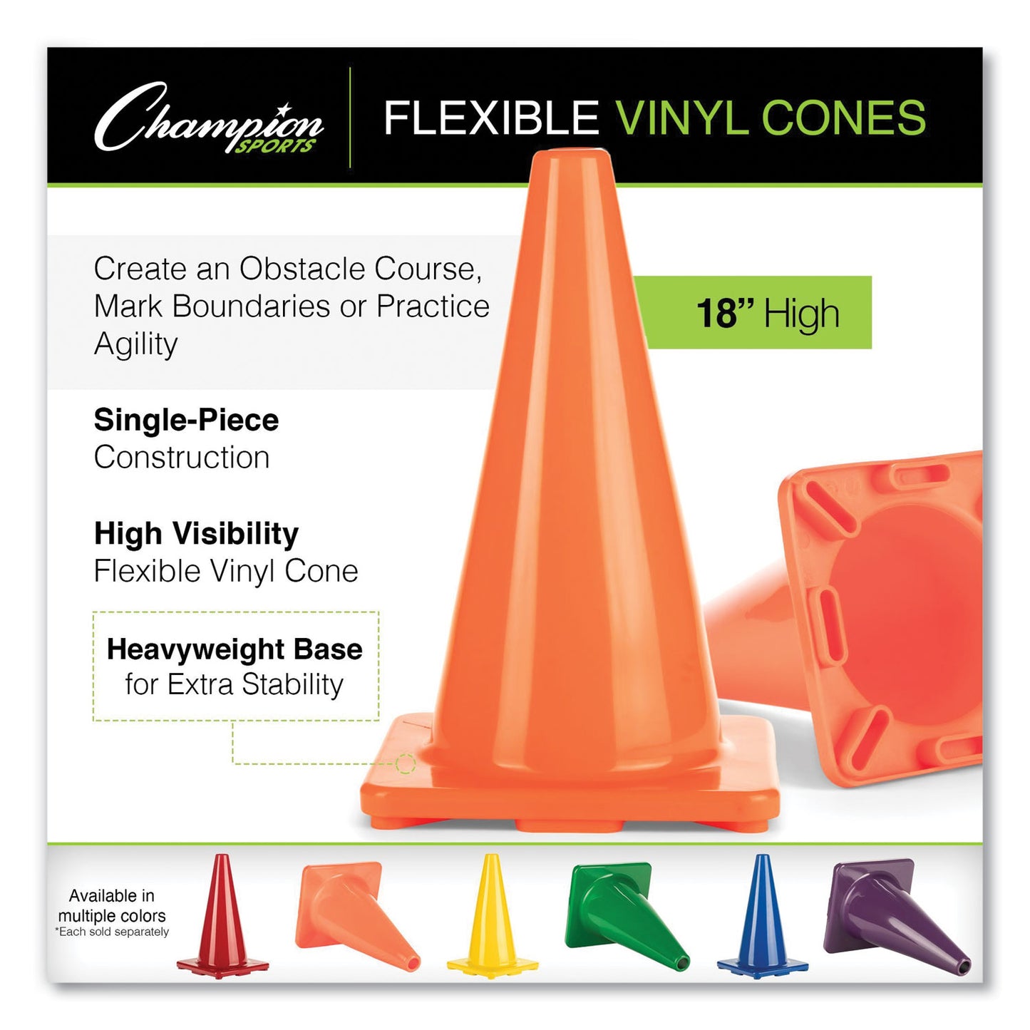 Champion Sports Hi-Visibility Vinyl Cones, 18" Tall, Fluorescent Orange, 10.63" x 10.63" Base (C18OR)
