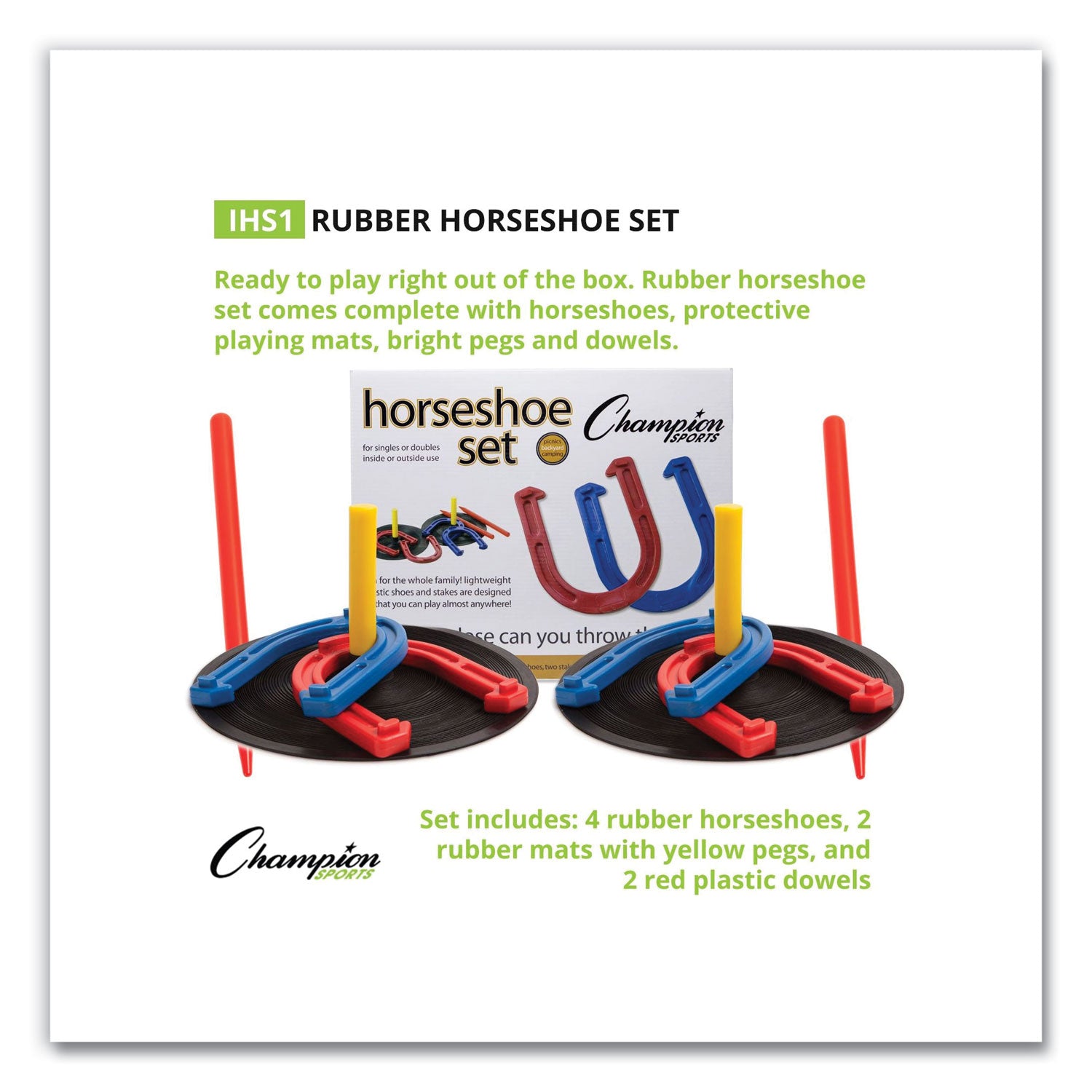 Champion Sports Indoor/Outdoor Rubber Horseshoe Set, 4 Rubber Horseshoes, 2 Rubber Mats, 2 Plastic Dowels (IHS1)