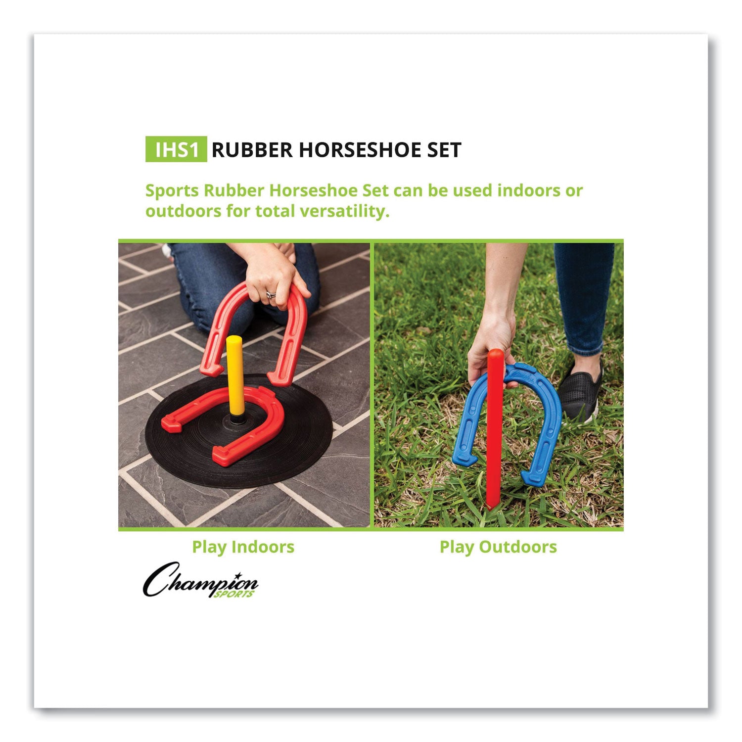 Champion Sports Indoor/Outdoor Rubber Horseshoe Set, 4 Rubber Horseshoes, 2 Rubber Mats, 2 Plastic Dowels (IHS1)