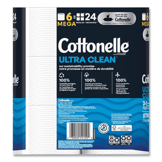 Cottonelle Ultra CleanCare Toilet Paper, Strong Tissue, Mega Rolls, Septic Safe, 1-Ply, White, 284/Roll, 6 Rolls/Pack, 36 Rolls/Carton (55699)