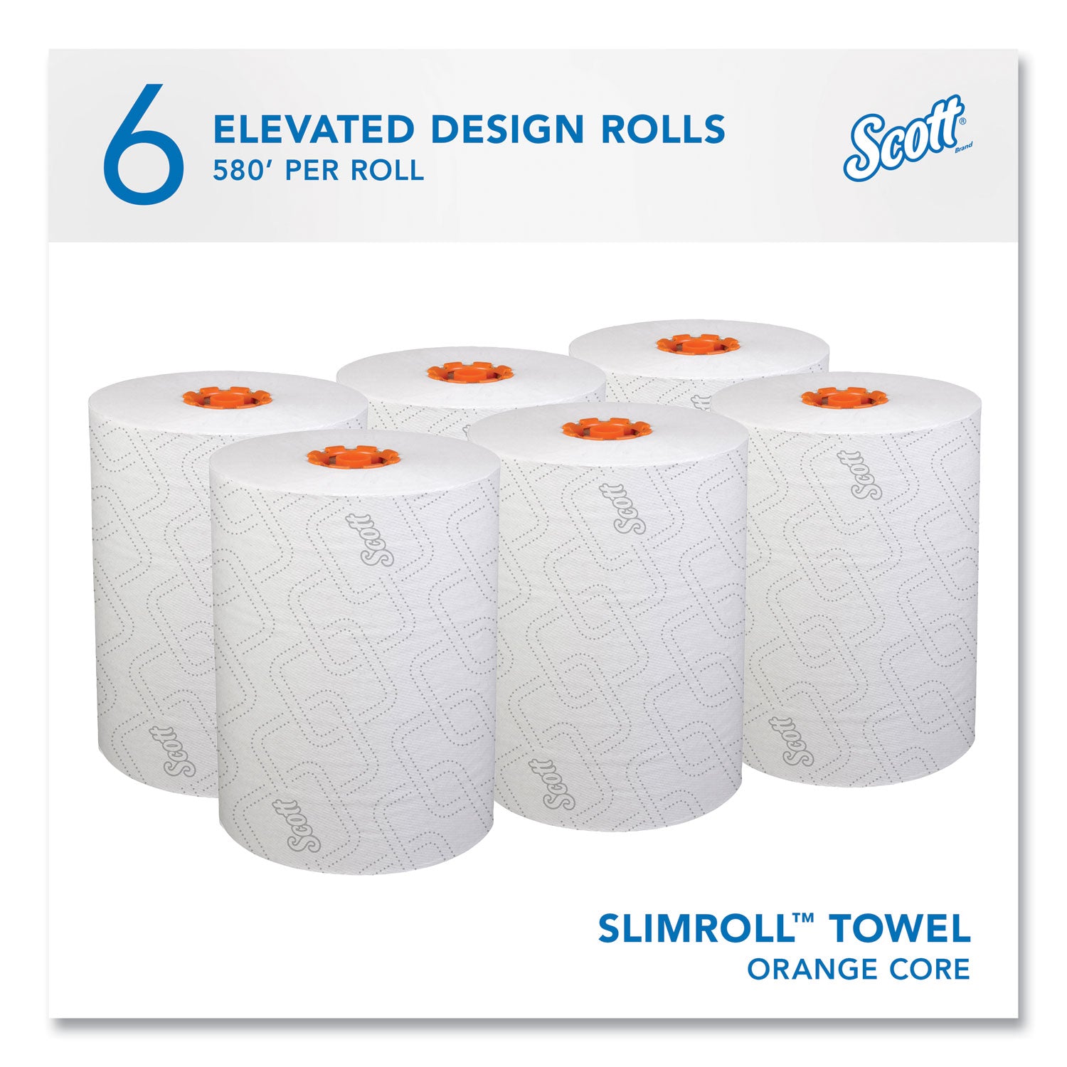 Scott Slimroll Towels, 1-Ply, 8" x 580 ft, White/Orange Core, 6 Roll/Carton (47035)