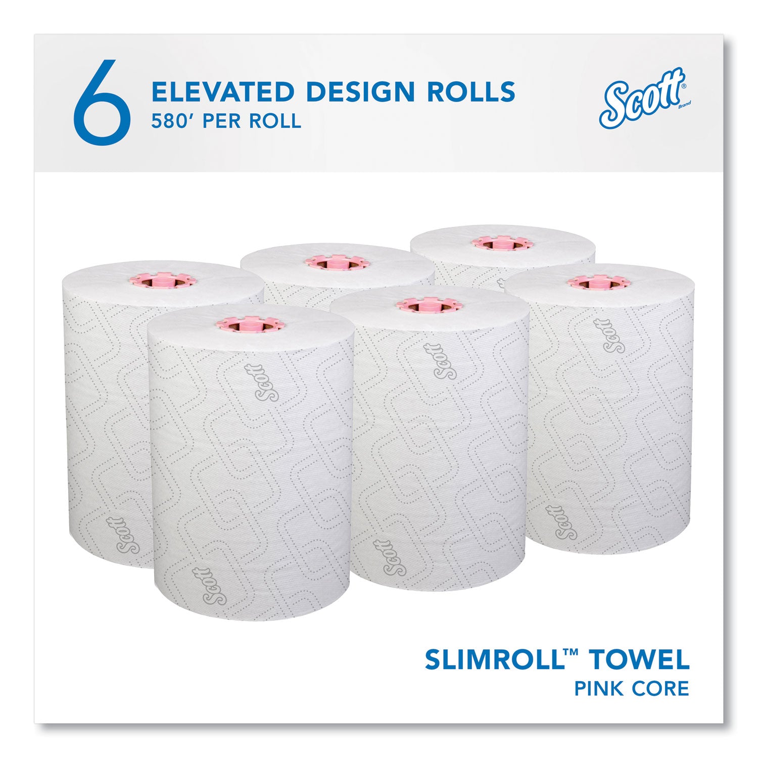 Scott Slimroll Towels, 1-Ply, 8" x 580 ft, White/Pink Core, Traditional Business, 6 Rolls/Carton (47032)