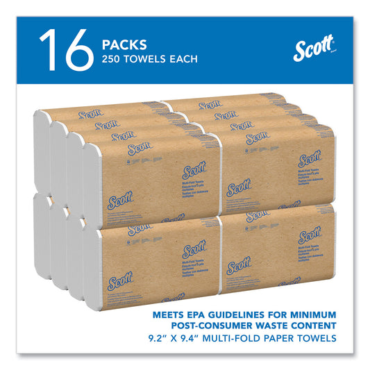 Scott Essential Multi-Fold Towels, Plus Tier, Absorbency Pockets, 1-Ply, 9.2 x 9.4, White, 250/Packs, 16 Packs/Carton (01804)