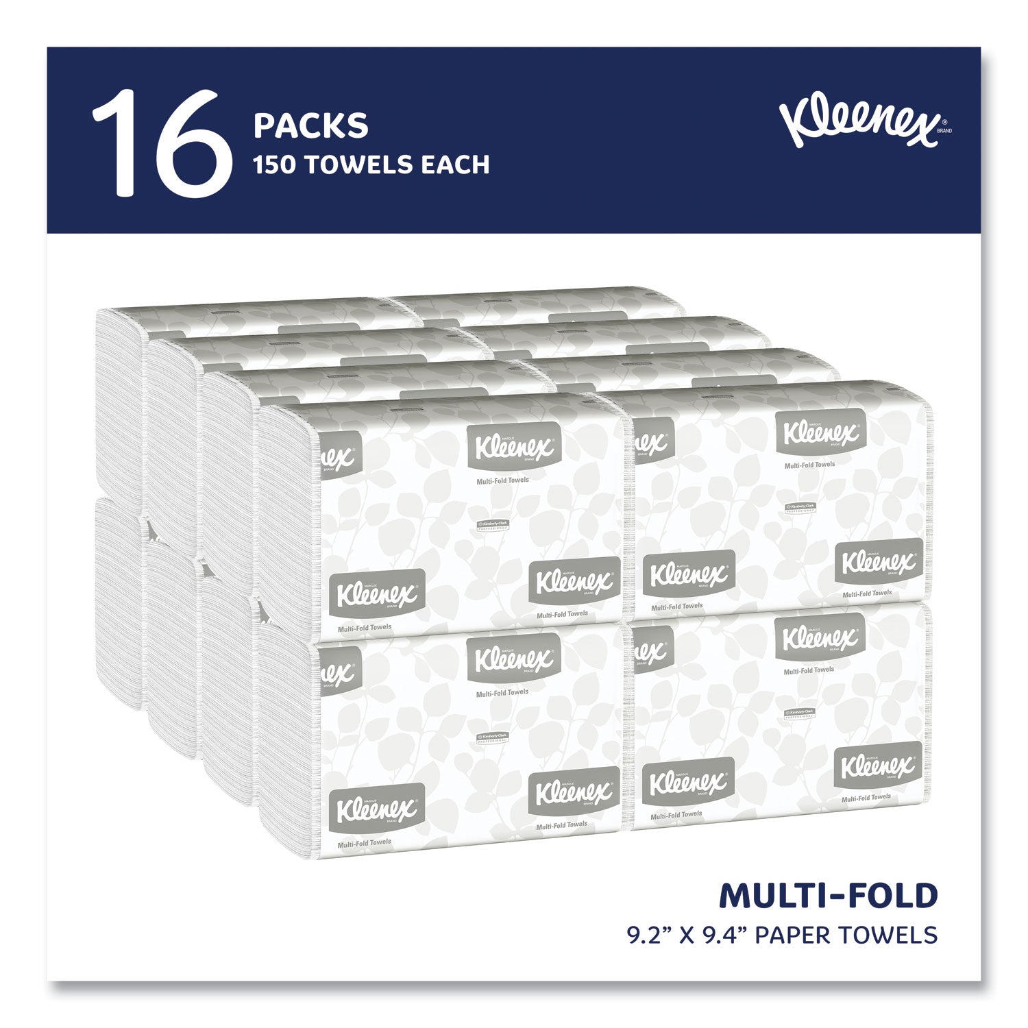 Kleenex Multi-Fold Paper Towels, 1-Ply, 9.2 x 9.4, White, 150/Pack, 16 Packs/Carton (01890)